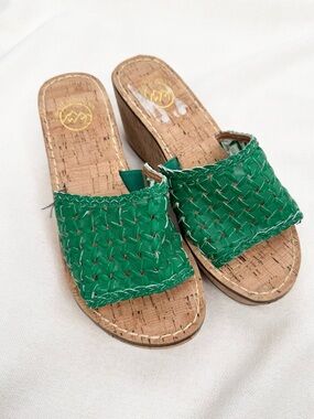 White Mountain Charges Womens Slide Sandals Green Woven Cork Wedge Size 6.5